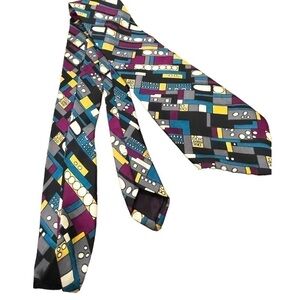 STANLEY Blacker Art Deco geometric print tie black gray magenta gold cream